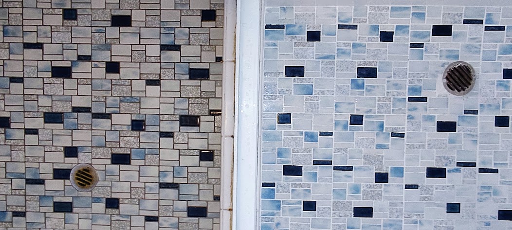 A shower floor shown midway through grout colour restoration, with dark grout on the left and refreshed light grout on the right